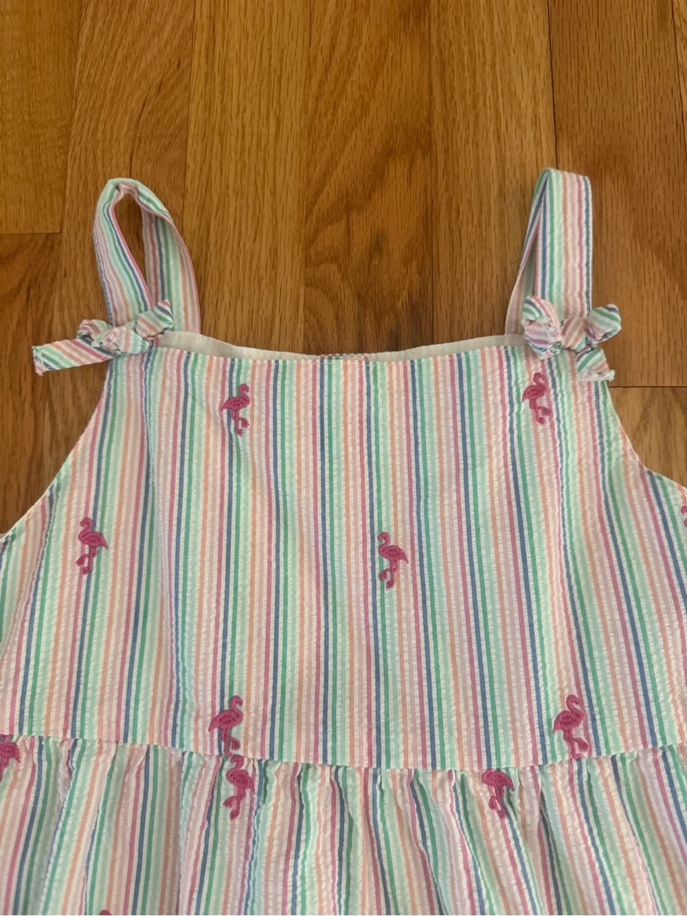 Gymboree Seaside Palms Embroidered Flamingo Seersucker Tiered Dress, Size 10